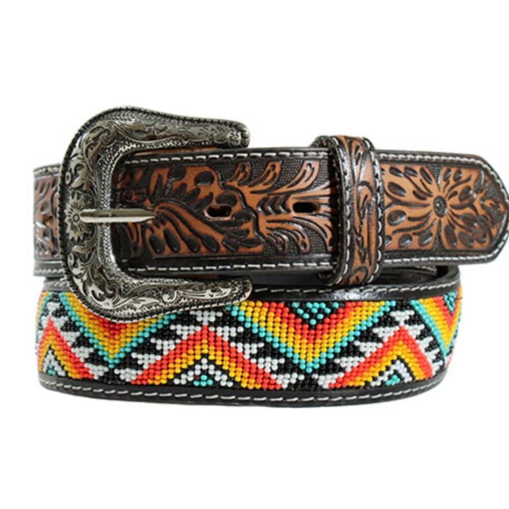 Nocona Beaded Zigzag Brown Tooled Leather Belt Multicolor Beaded Accent NWT Sz S
